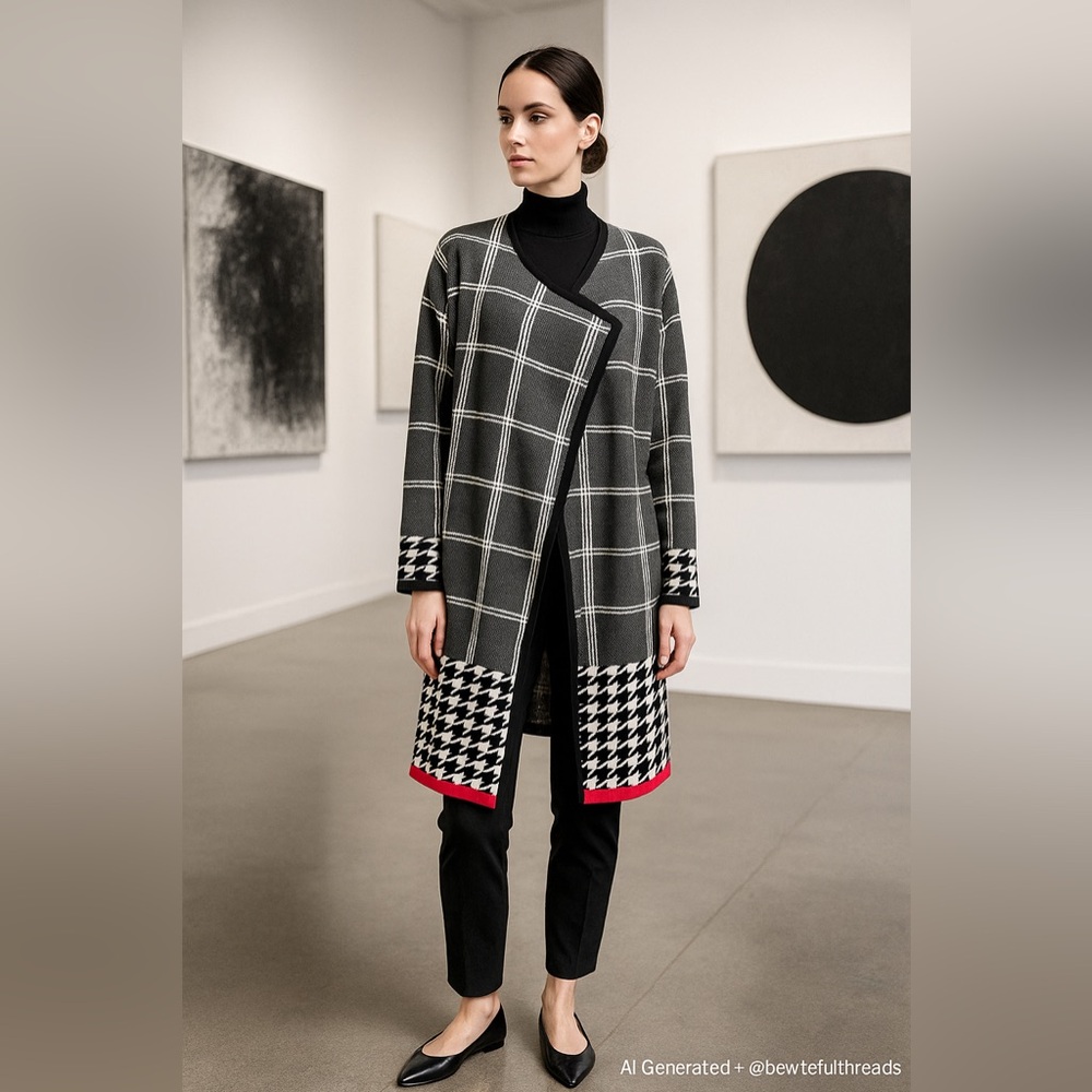 ORLY Heavyweight Windowpane & Houndstooth Drape Cardigan XL – Statement Knit